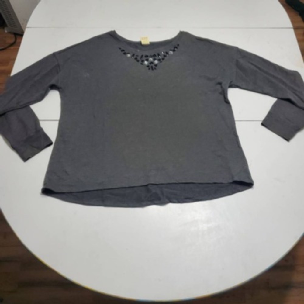 T-Shirt Womens Gray Long Sleeve Scoop Neck Beads Tee XL